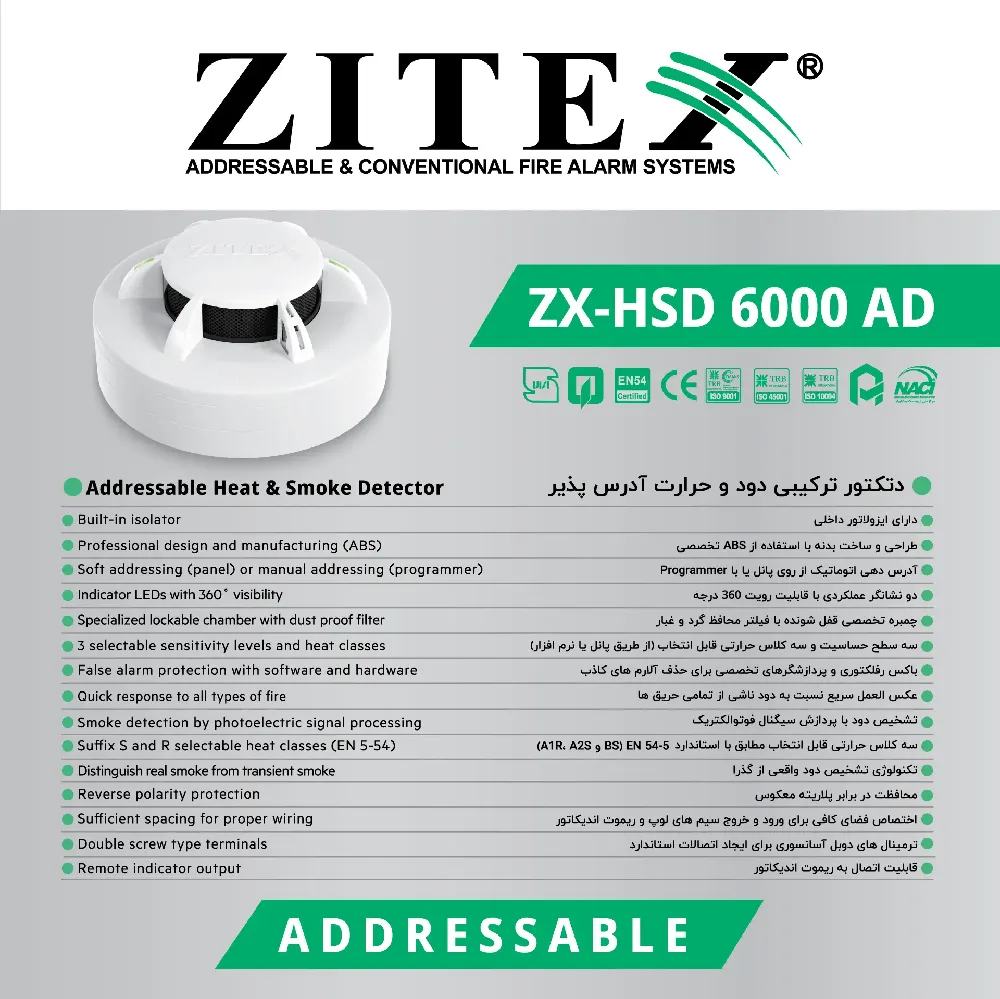 دتکتور ترکیبی دود و حرارت اعلام حریق آدرس پذیر زیتکس مدل ZX-HSD 6000 AD